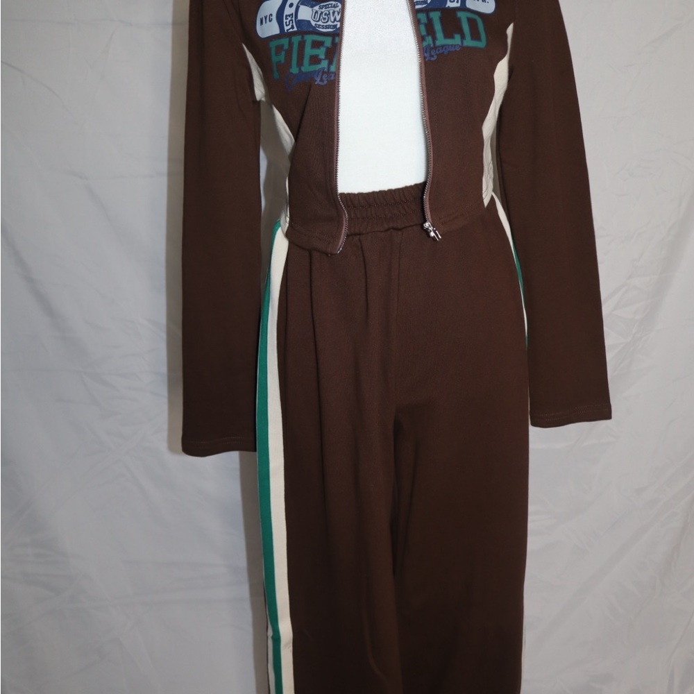 Fashion Nova Brown Jogger Set with White and Green Accents